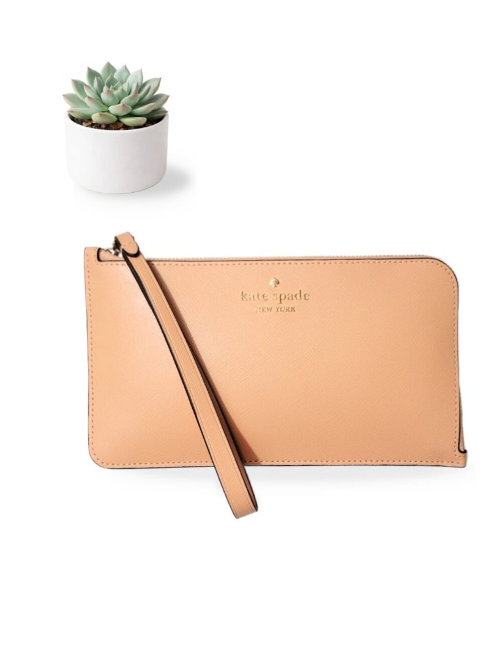 Kate Spade Peach Wristlet Lucy Medium L Zip Saffiano Leather Clutch KD546